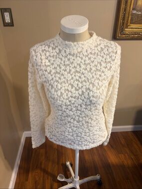 White House Black Market Cream Fuzzy Openwork Crewneck Sweater